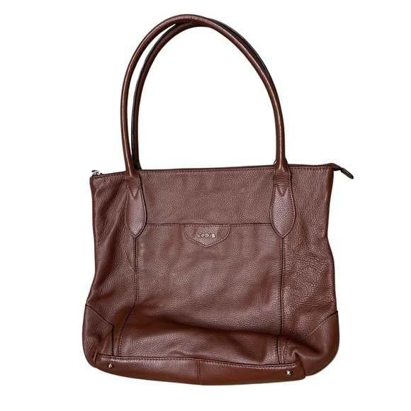 𝅺LODIS Sierra Brown Leather Shoulder Bag Fabric Lined Double Handle‎ Tote Purse - Picture 1 of 13